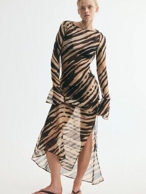 H&M Tie Detail Chiffon Dress Dark Brown Zebra Bnwt UNLINED SEE THROUGH!!!